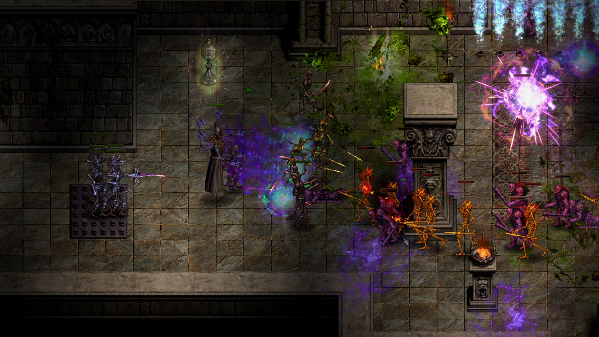 Shadow Dungeon combat in a stone dungeon with summoned allies and spell effects