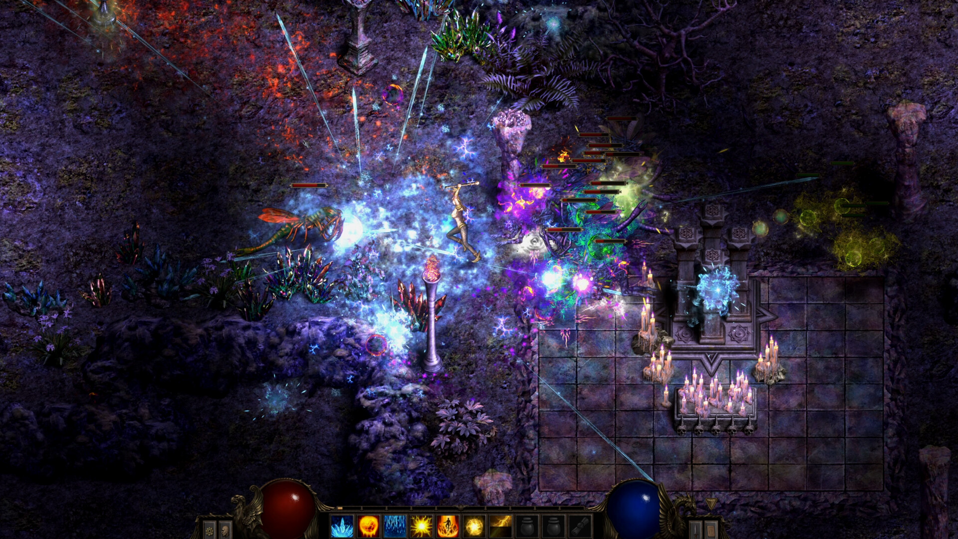 Shadow Dungeon official gameplay screenshot showing a spell-filled battle in a dark dungeon