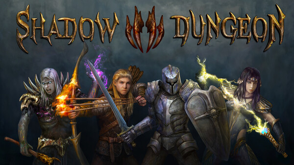 Shadow Dungeon official trailer artwork showing the game logo and four playable heroes